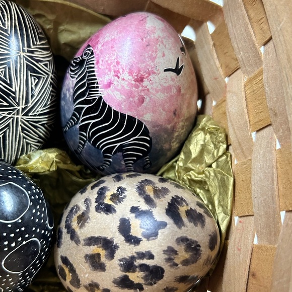 7 hand painted stone eggs in a basket . - Picture 3 of 9